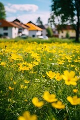 Yellow Flowers In Field Near Houses