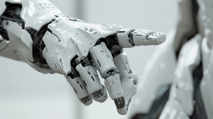 Close-up of a futuristic robotic hand pointing forward, showcasing advanced mechanical design and intricate details, representing innovation in technology and artificial intelligence.