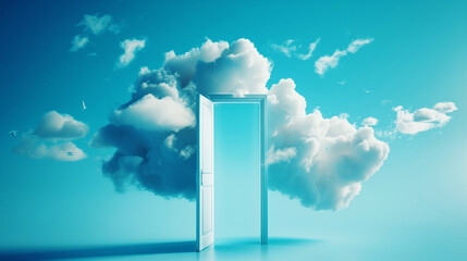 An open white door floating among fluffy clouds with white birds against a clear blue sky, symbolizing freedom, dreams, and new opportunities.