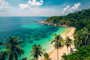 Sandy beach in Thailand. Palm trees, sea, sand. Bird's eye view.