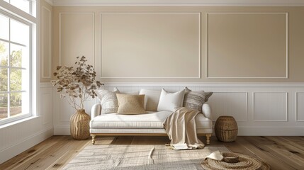 Minimalistic Room with Light Beige Decor and Elegant Furniture, Bright and Airy Interior, Ideal for Contemporary Home Design and Comfort