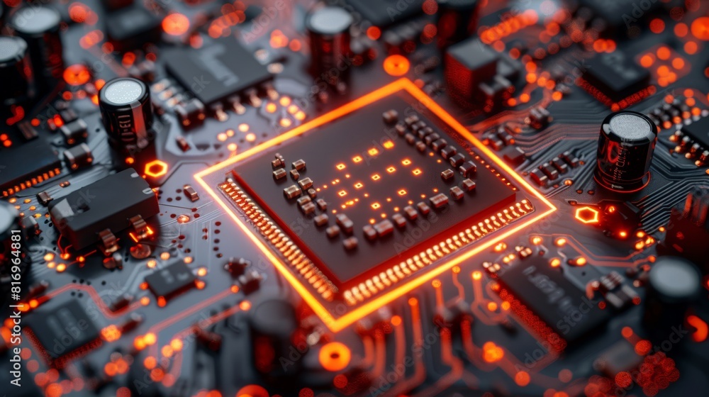 Poster the image shows a close-up of a computer chip with glowing orange light.