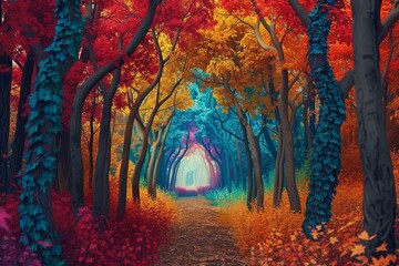 Fototapeta premium Explore the surreal and magical enchanted autumn forest pathway with vibrant multicolored foliage and dreamlike ethereal beauty in a scenic landscape setting