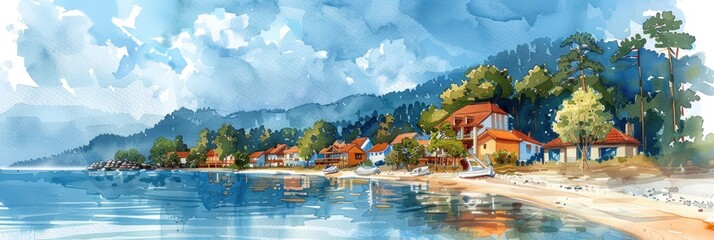 Coastal village watercolor panorama