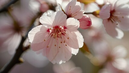 A close up of a delicate cherry blossom petal, its pale pink hues radiating in soft light