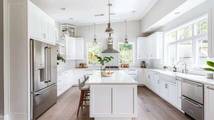 Modern Kitchen with White Cabinets and Minimalistic Decor, Bright and Airy Interior, Ideal for Contemporary Home Design and Culinary Inspiration
