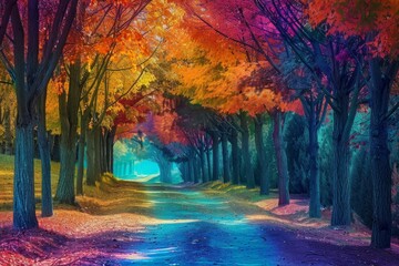 Fototapeta premium Experience the enchanting beauty of an autumn forest pathway with vibrant fall colors, serene twilight, and majestic trees