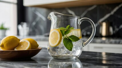 A glass pitcher filled with crystal clear water, lemons, and mint, creating a refreshing concept