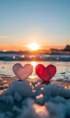 Fototapeta premium Two hearts are placed on the beach, one red and one white. The sun is setting in the background, creating a romantic and peaceful atmosphere. Generative AI
