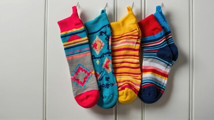 A bundle of colorful mismatched socks hangs on a clothesline against a tiled wall