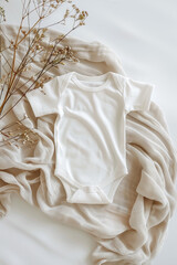 White cotton baby bodysuit with dried flowers and beige linen fabric on a white background with copy space, pregnancy announcement mockup template, Generative AI