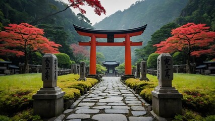 A serene stone pathway leading through torii gates surrounded by autumnal trees.