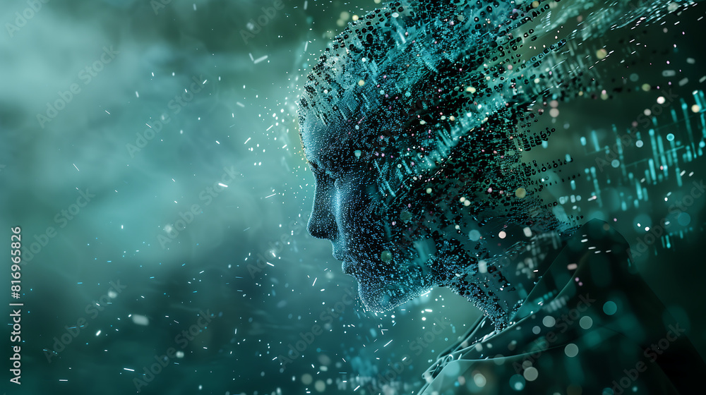 Poster digital background, art of an ai humanoid head made out of data particles