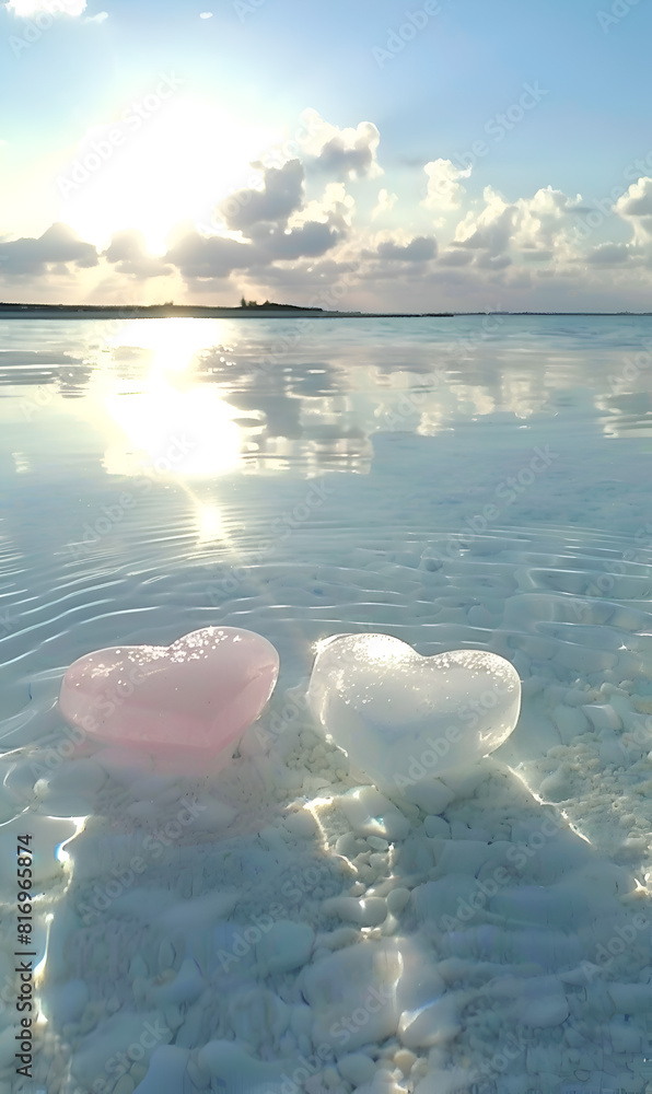 Poster two hearts are floating in the water. the water is calm and clear. the sun is setting in the backgro