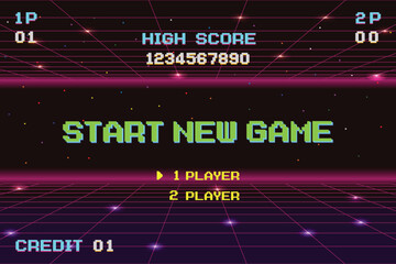 START NEW GAME play .pixel art .8 bit game. retro game. for game assets in vector illustrations.	