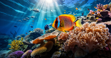 A vibrant underwater world teeming with exotic marine life: In the depths of a coral reef, life pulses in a dazzling array. Vivid coral formations in all the colors of the rainbow provide a stunning b