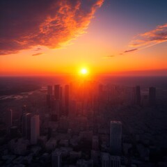 Fototapeta premium 夕焼けに染まる大都市の風景