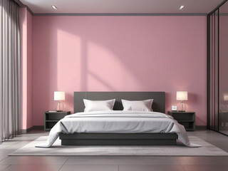 Realistic front view pink Bed room interior design, pink wall and gray bed, 3d render, v-ray, hyper-realistic