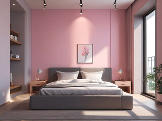 Realistic front view pink Bed room interior design, pink wall and gray bed, 3d render, v-ray, hyper-realistic