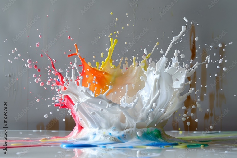 Poster highspeed image of vibrant paint splatter, creating an energetic and artistic explosion of colors