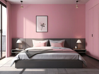 Realistic front view pink Bed room interior design, pink wall and gray bed, 3d render, v-ray, hyper-realistic