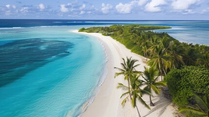 aerial view of a tropical beach with turquoise waters, 