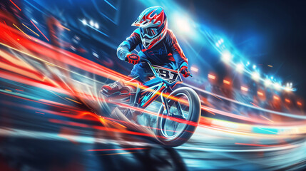 A dynamic illustration of a BMX rider wearing a helmet and racing gear, speeding across a track with motion blur and vibrant light trails, highlighting the action and intensity of the sport.