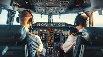 Two pilots wearing headsets seated in the cockpit of an airplane, focusing on the flight controls and instruments during flight.