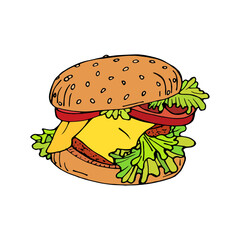 Fast food. Cheeseburger illustration, delicious popular food, vector image. Stylized images of food from fast food restaurants. Burger drawing