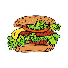 Fast food. Cheeseburger illustration, delicious popular food, vector image. Stylized images of food from fast food restaurants. Burger drawing