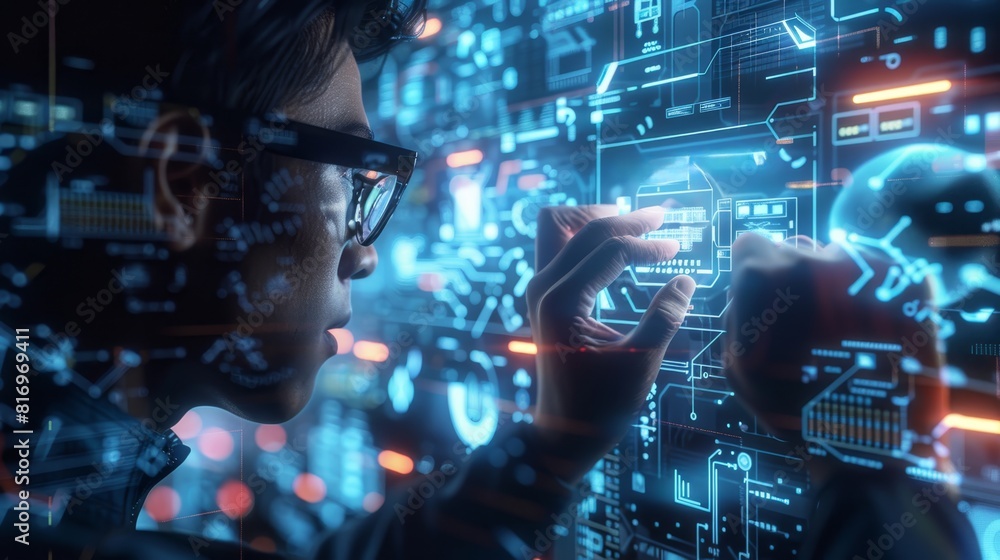 Poster man wearing glasses and a pensive expression, he is using a futuristic computer interface with his h