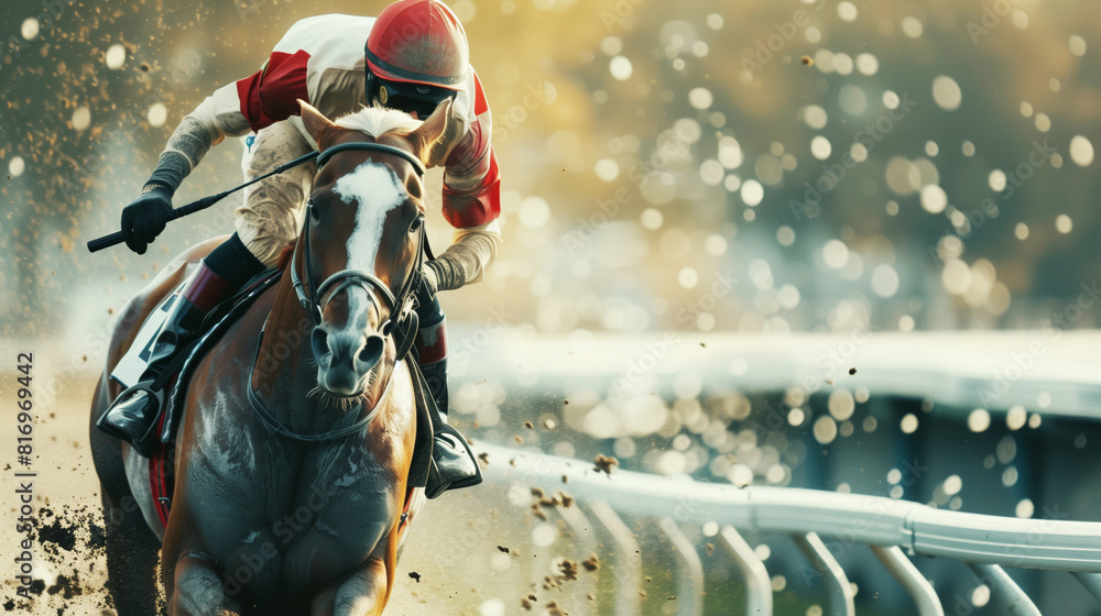 Canvas Prints Dynamic action shot of a jockey riding a horse in a horse race, captured mid-stride with dust and dirt flying, underlined by a dramatic blurred background.