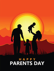 Global Day of Parents. Happy young family outdoors. Dad, mom and two boys on a background of a sun, forest and mountain landscape. A day in nature