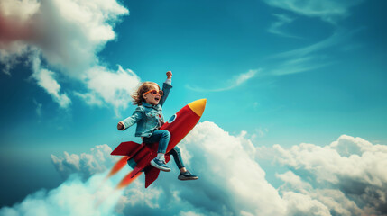 A child with sunglasses and a denim jacket joyfully rides a red toy rocket through the clouds, embracing playful imagination and adventure under a bright blue sky.