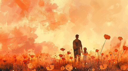 watercolor art scenery of fathers day with flowers , a dad and his daughter love bonding 