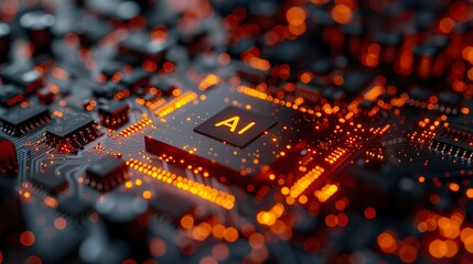 Close-up view of a cutting-edge AI microchip in the center of a computer motherboard with intricate circuits and vibrant orange lighting