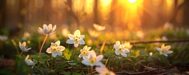 Delicate Flower Petals Bathed in Warm Morning Light Within a Lush Spring Forest