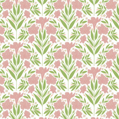 Fototapeta premium retro pink flowers on green branches with leaves on geometric scallop shape seamless pattern design vector