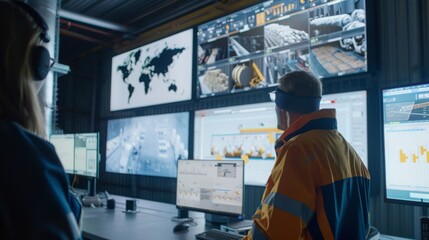 Create an image of AI-enhanced cargo scheduling systems, with dynamic scheduling and real-time updates displayed on large digital screens in a logistics control center --ar 16:9 