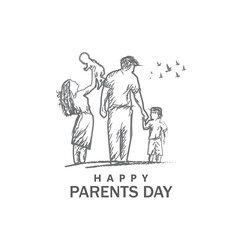 Global Day of Parents. Happy young family outdoors. Dad, mom and two boys on a background of a sun, forest and mountain landscape. A day in nature