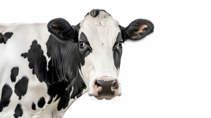 a majestic Holstein cow standing sideways on a pure white studio background, 