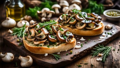 Mushroom mixture with olive oil on rustic bread with garlic, bio mushrooms and delicious herbs on...