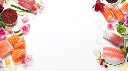 Salmon sashimi slice fresh serve, Japanese style. Sashimi food poster card design flowers space