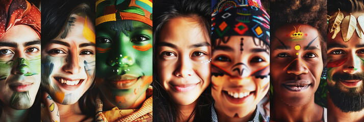 A diverse group of people with faces painted in vibrant colors and patterns, showcasing cultural diversity and artistic expression.