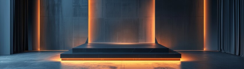 podium is made of black stone, with a glowing orange light underneath. It is located in a dark room with concrete walls.