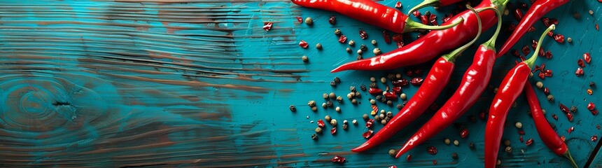 Red chili peppers on wooden background with copy space, top view. Chili sprinkled on blue rustic table, flat lay. Cyberpunk style, food photography