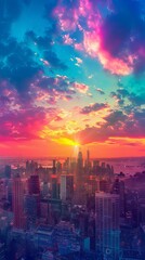 Obraz premium Rainbow Gradient Overlaid on Cityscape, Symbolizing the integration of LGBTQ individuals in society. High-Resolution.