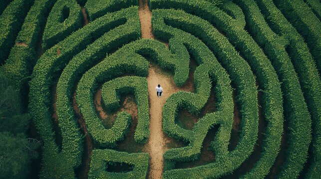 Intricate hedge maze with a person standing at the entrance