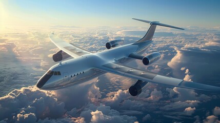 Create a detailed image of an eco-friendly cargo aircraft featuring innovative design elements for reduced emissions, set against a backdrop of a pristine sky --ar 16:9