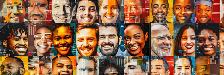 A collage featuring a diverse group of people smiling, depicted with a combination of digital art and photographic elements. The image blends vibrant colors and geometric patterns. - Powered by Adobe